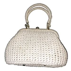 Vintage Raffia Crochet Handbag - Medium Kiss‎ Lock Boho Cottagecore Purse